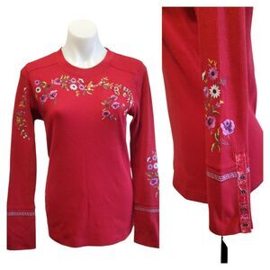 Sundance Floral Embroidered Boho Waffle Knit Thermal Long Sleeve Top Red Med NWN